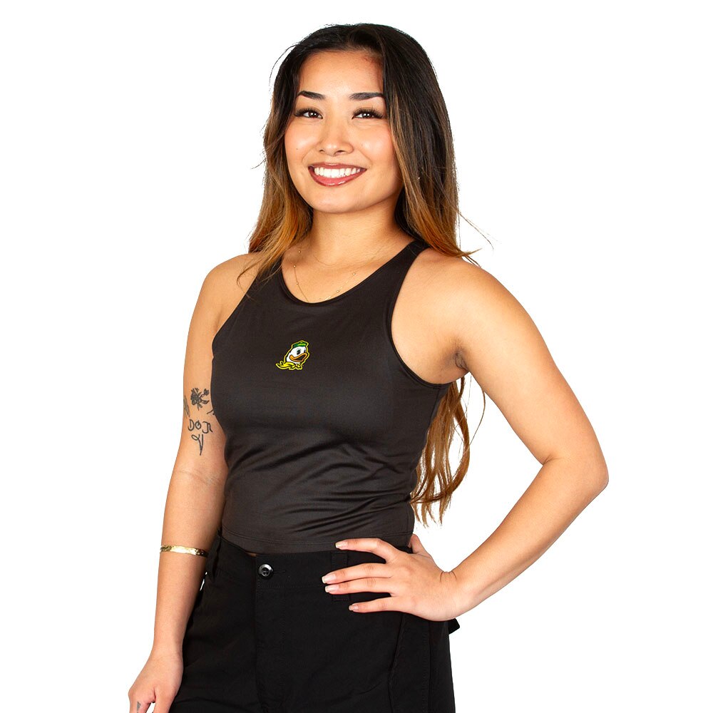 Ducks Spirit, Zoozatz, Black, Sleeveless, Polyester Blend, Women, Football, Oregon Mascot, First Down, Cropped, Tank, Shirt, 1007671
